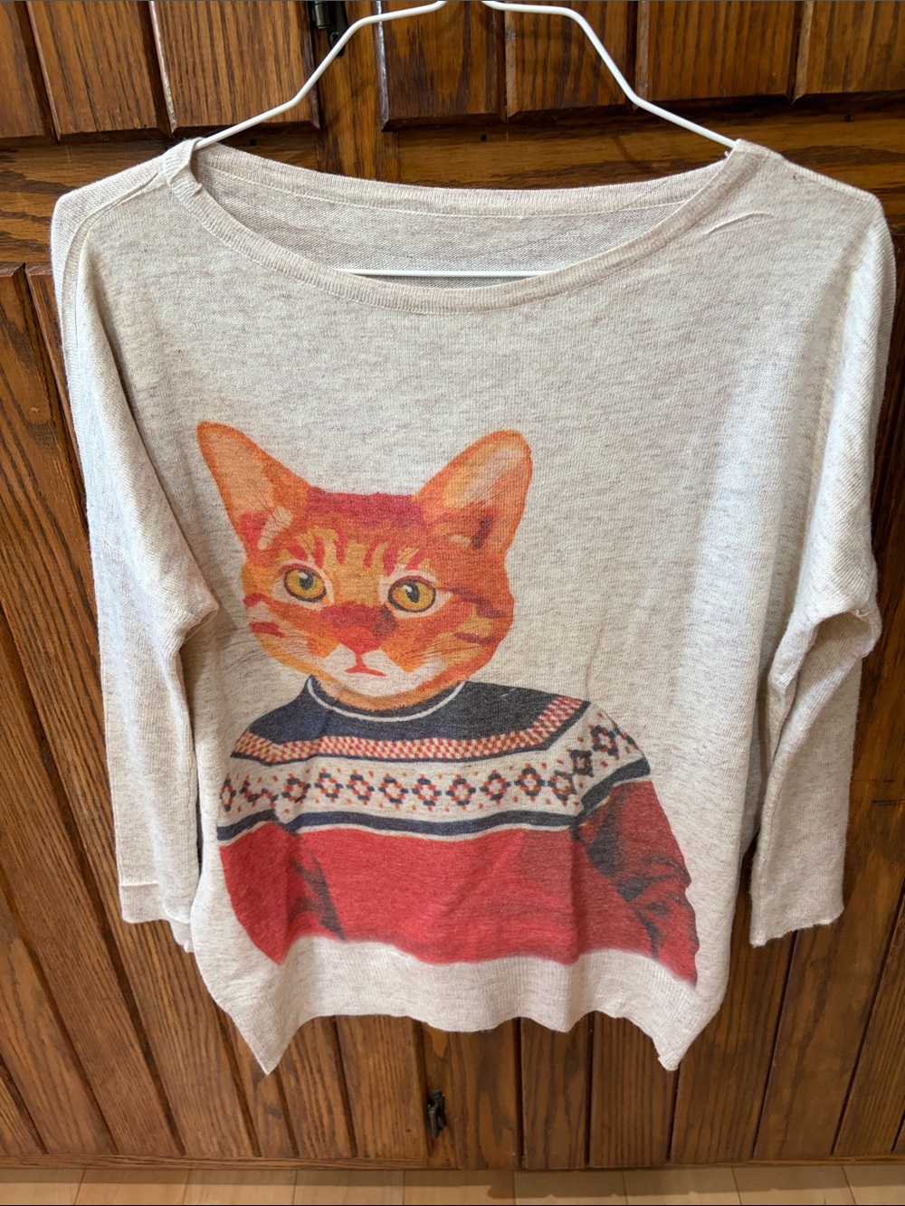 Cat Print Pet-Themed Sweater Top in Beige and Red Size Large